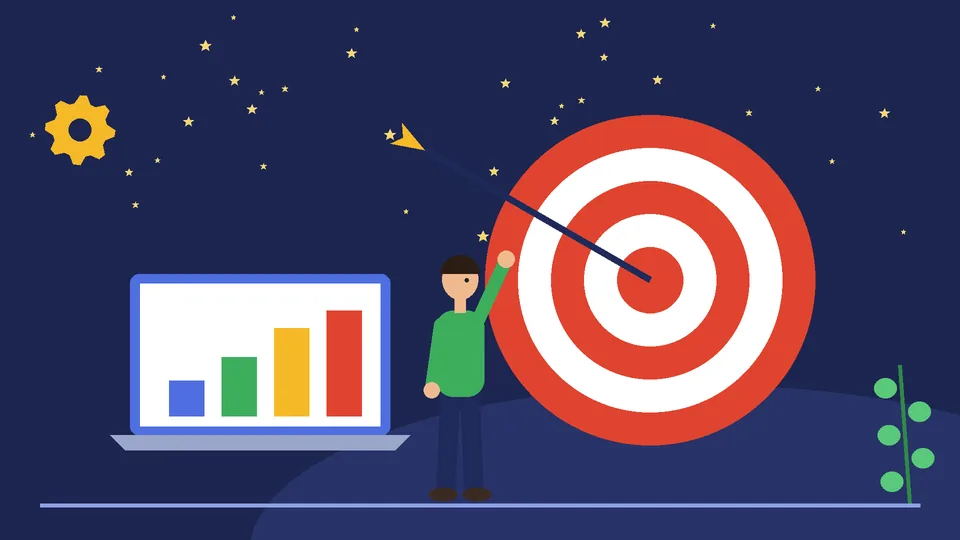 Marketer pointing at a red and white target hit by an arrow next to a laptop showing a rising bar chart