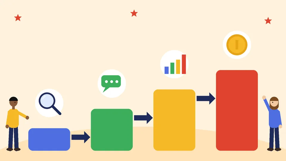 Four rising colored blocks with a magnifying glass, chat bubble, bar chart and coin showing the stages from awareness to purchase