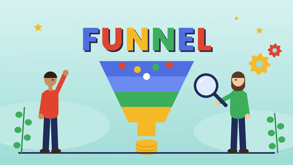 Two cartoon marketers beside a large colorful sales funnel with leads entering the top and coins at the bottom