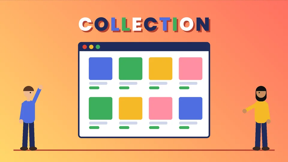 Two cartoon people beside a large browser window showing a grid of eight colorful product cards under the word COLLECTION