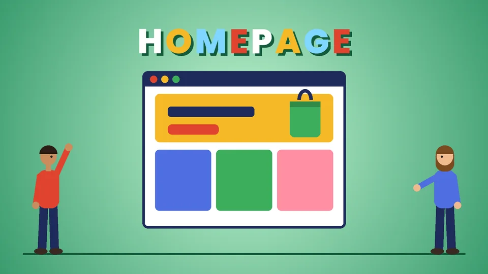 Two cartoon people beside a large browser window showing a store homepage with a hero banner, a button and three colorful tiles under the word HOMEPAGE