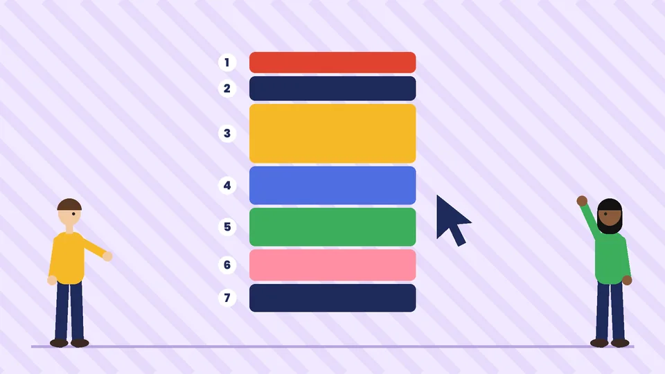 Homepage sections in order A tall stack of seven numbered colored page sections with a mouse pointer beside them, with two people