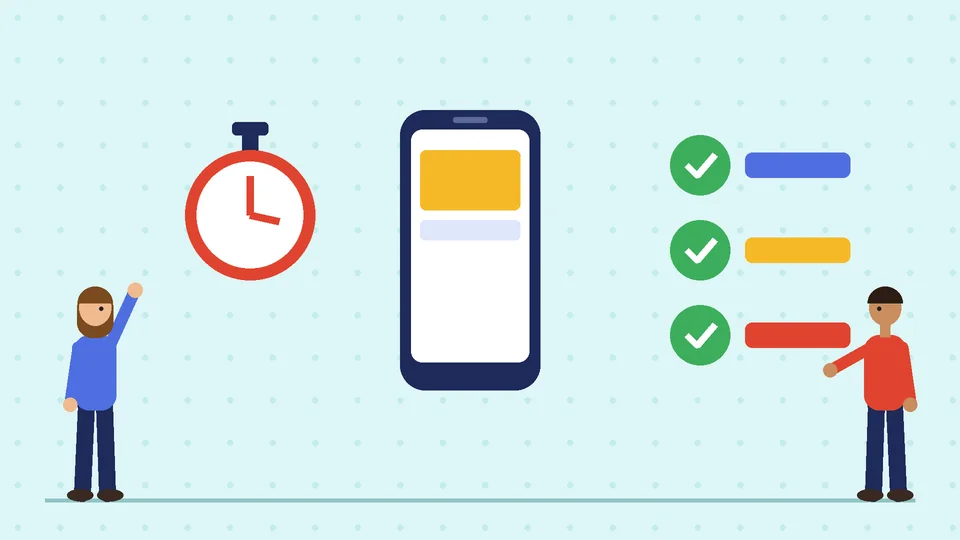 Homepage speed checks A phone showing a store page beside a red stopwatch and three green check marks with colored bars, with two people