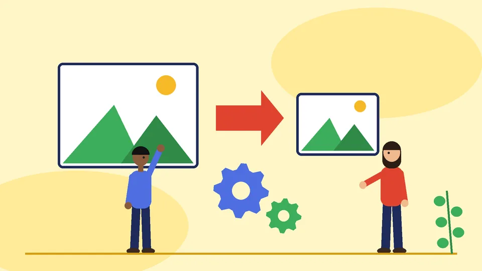 Image compression for a faster Shopify store Large picture icon shrinking to a smaller one with an arrow and gears between them