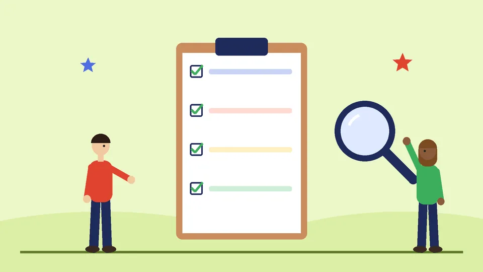 Large clipboard checklist with green ticks next to a magnifying glass and two people reviewing it