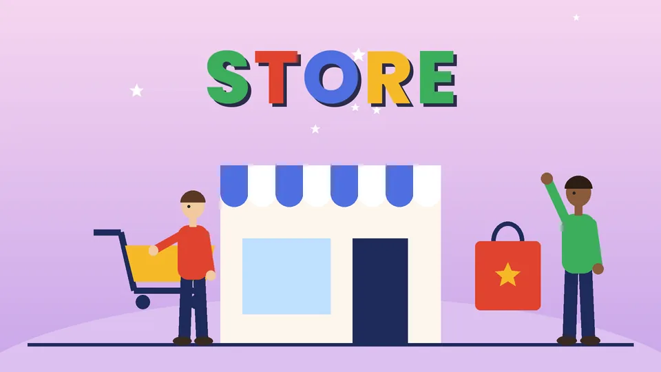 Cartoon storefront with a blue awning, a shopping cart and a red shopping bag beside two people under the word STORE
