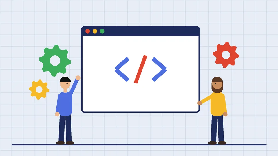 Developer pair beside a large browser window showing a code symbol, surrounded by gears on a blueprint grid