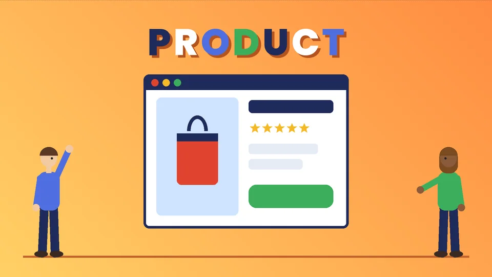 Two cartoon people beside a large product card with a shirt, color dots and a buy button under the word PRODUCT