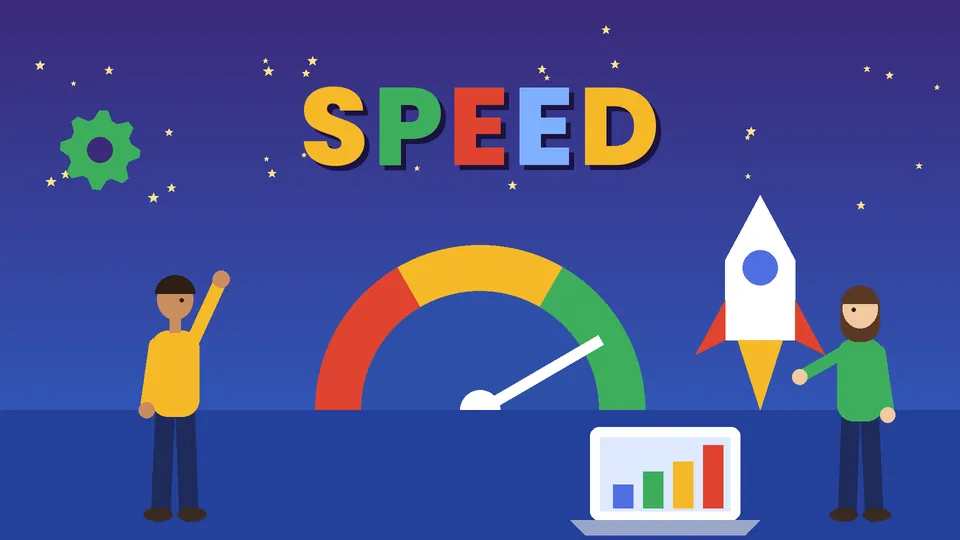 Speedometer needle in the green zone with a rocket, a laptop chart and two people under the word SPEED
