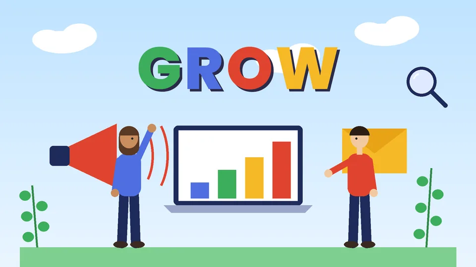 Two small business owners with a megaphone, laptop chart and envelope under the word GROW