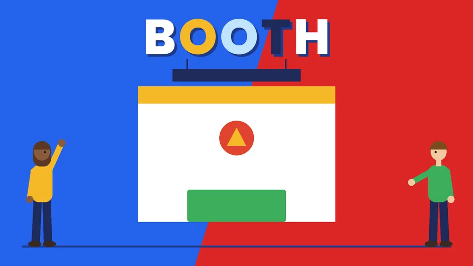 Two cartoon people beside a trade show booth with a navy header, a red and yellow logo panel and a green counter under the word BOOTH