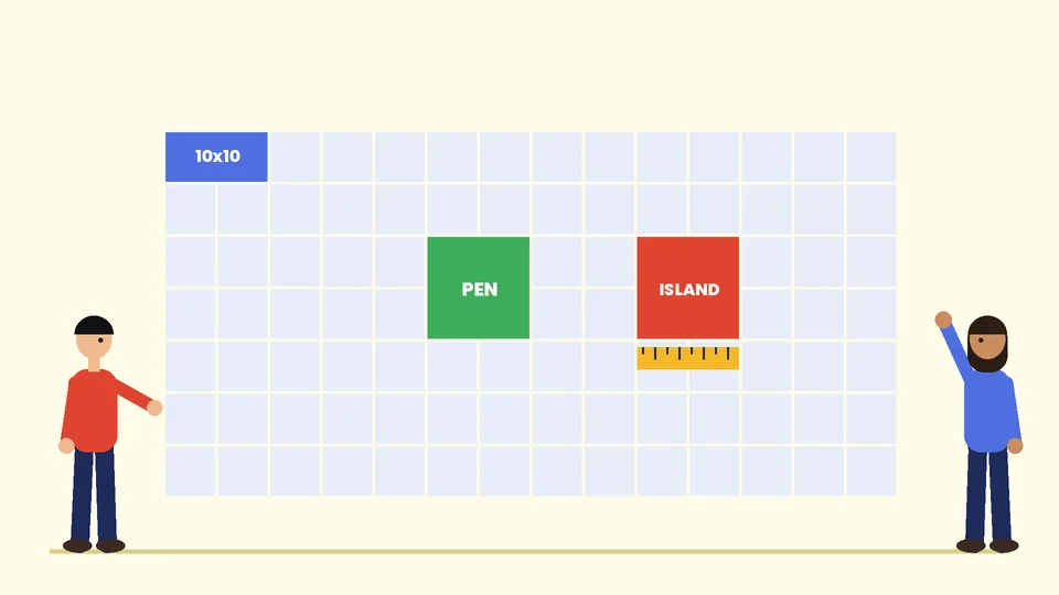 Trade show booth types on a floor plan A trade show floor plan grid with a 10x10 linear booth label, a green peninsula booth and a red island booth with a yellow ruler, with two people