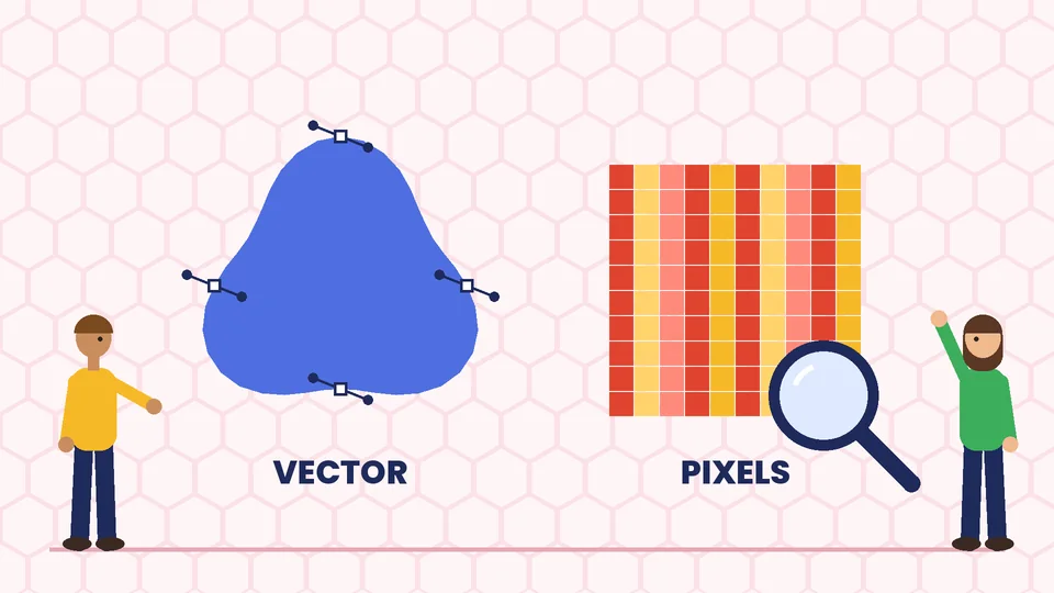 Vector vs raster logo files A smooth blue shape with curve handles labeled VECTOR beside a blocky pixel grid labeled PIXELS under a magnifier, with two people