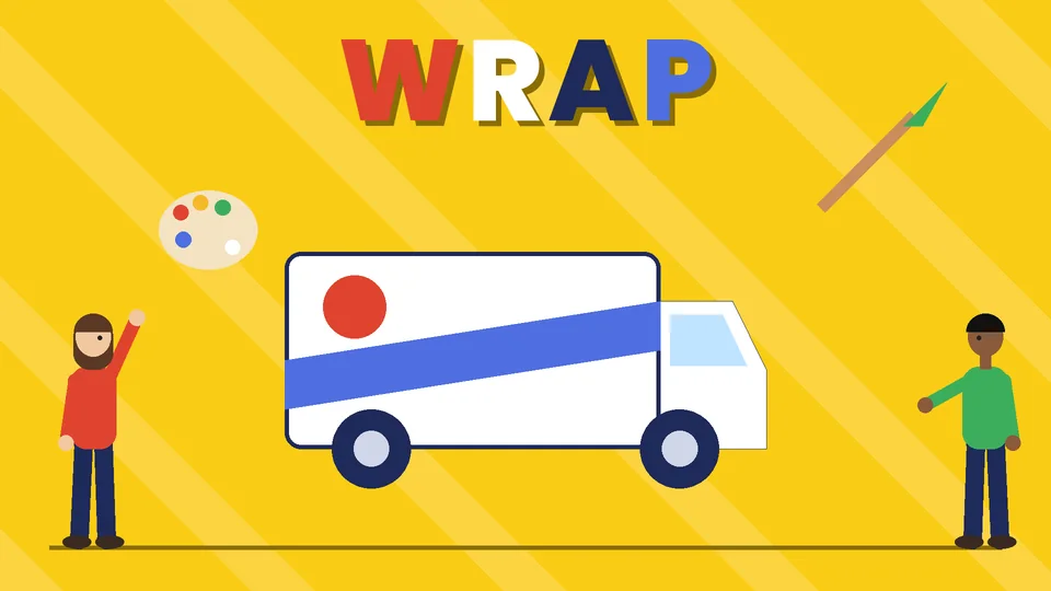 Two cartoon people beside a white van with a red logo circle and a blue diagonal stripe, a paint palette and a brush under the word WRAP