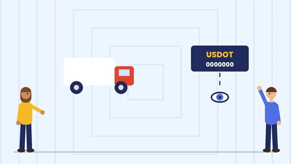 A box truck with a red cab next to a navy USDOT number label and an eye icon, with two people