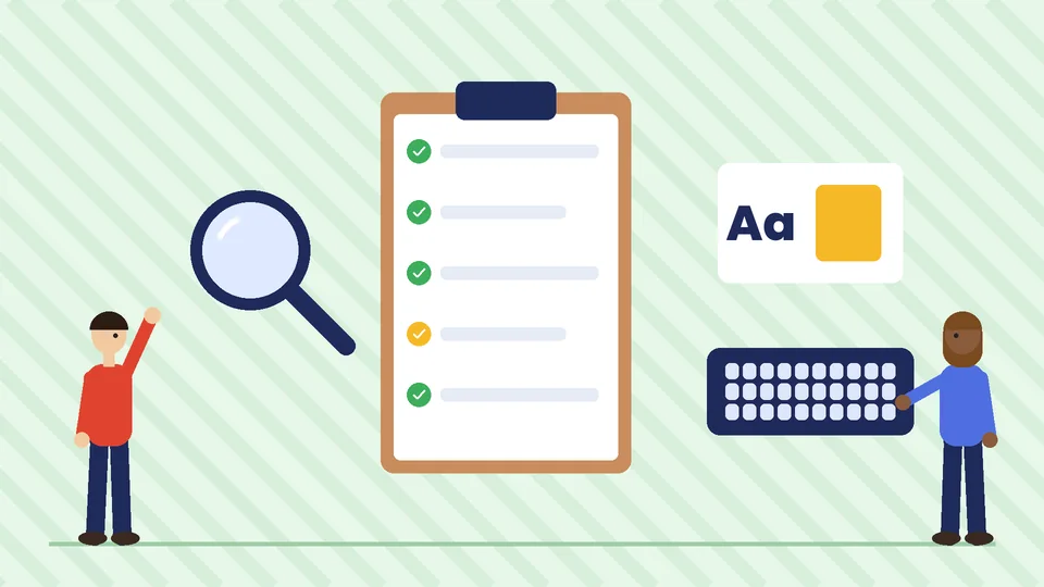Easy accessibility checks A clipboard checklist beside a magnifier, a keyboard and a contrast sample card with the letters Aa, with two people