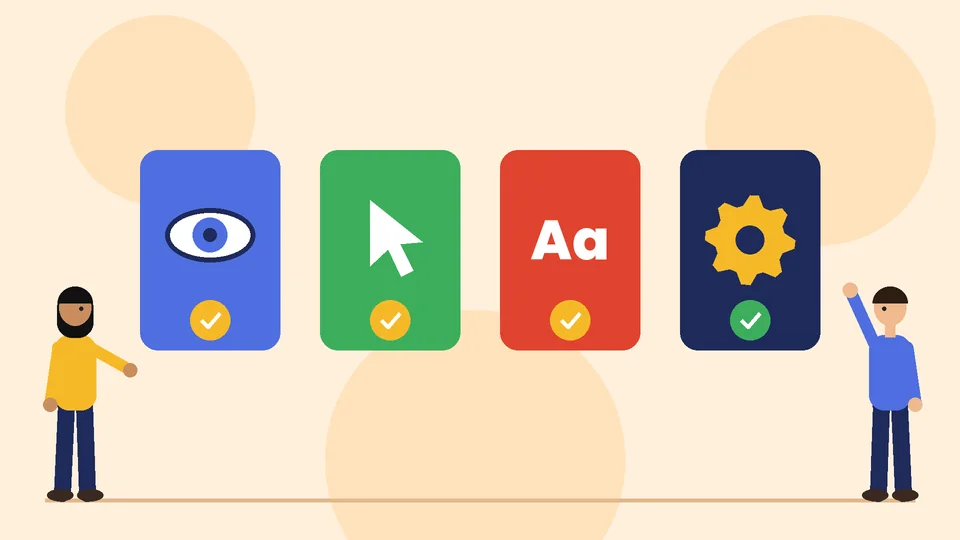 The four WCAG principles Four colored cards with an eye, a pointer, the letters Aa and a gear, each with a check mark, with two people
