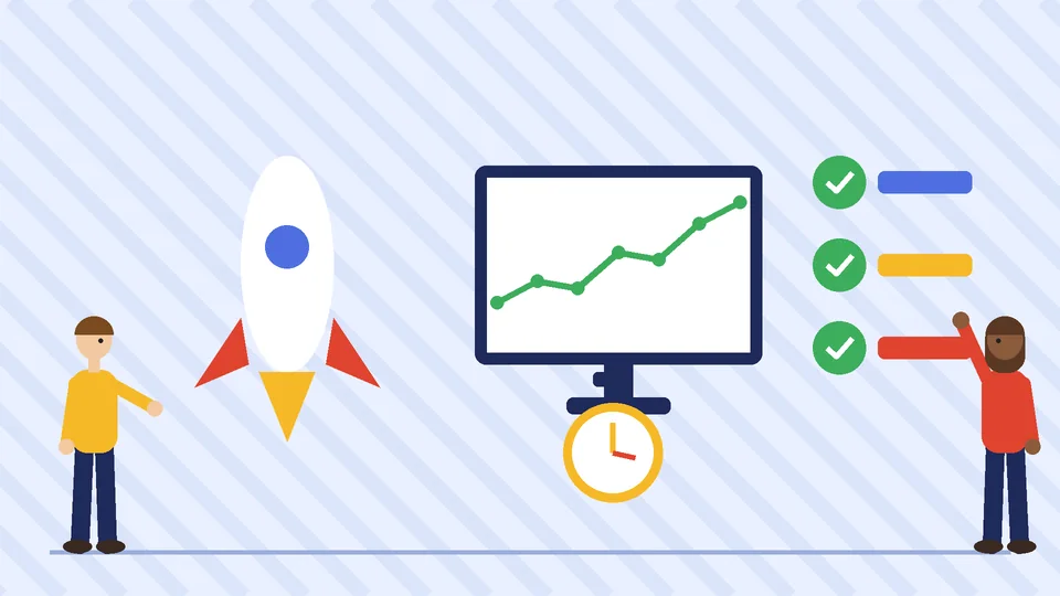 Launch and monitor A rocket beside a monitor with a rising green line chart, three green check marks and a yellow stopwatch, with two people