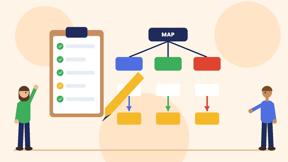 Plan the structure and URL map A clipboard and pen beside a site map with a navy MAP box branching to three colored sections, each with an arrow from an old page to a new page, with two people